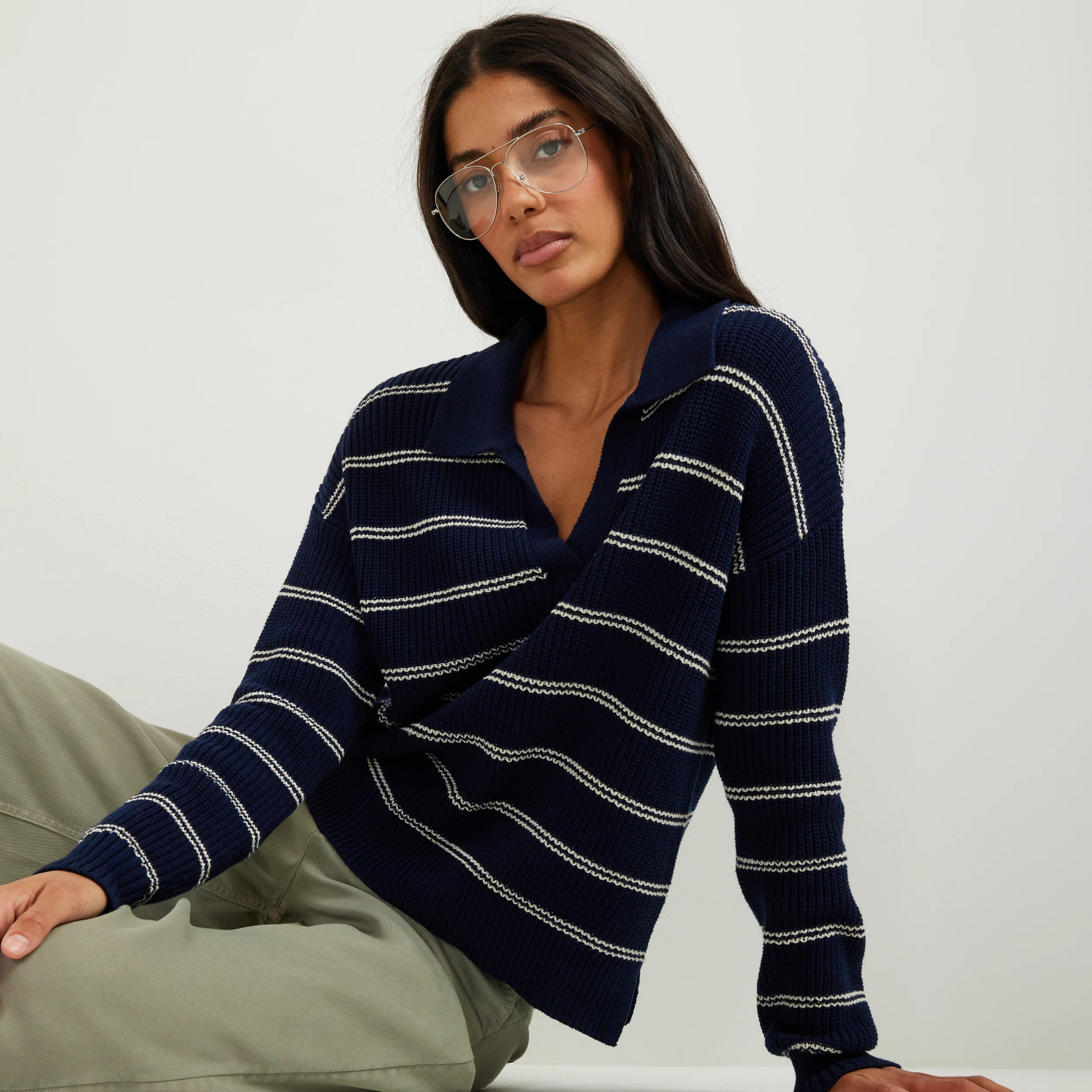Women's Johnny Collar Striped Sweater - Image 4