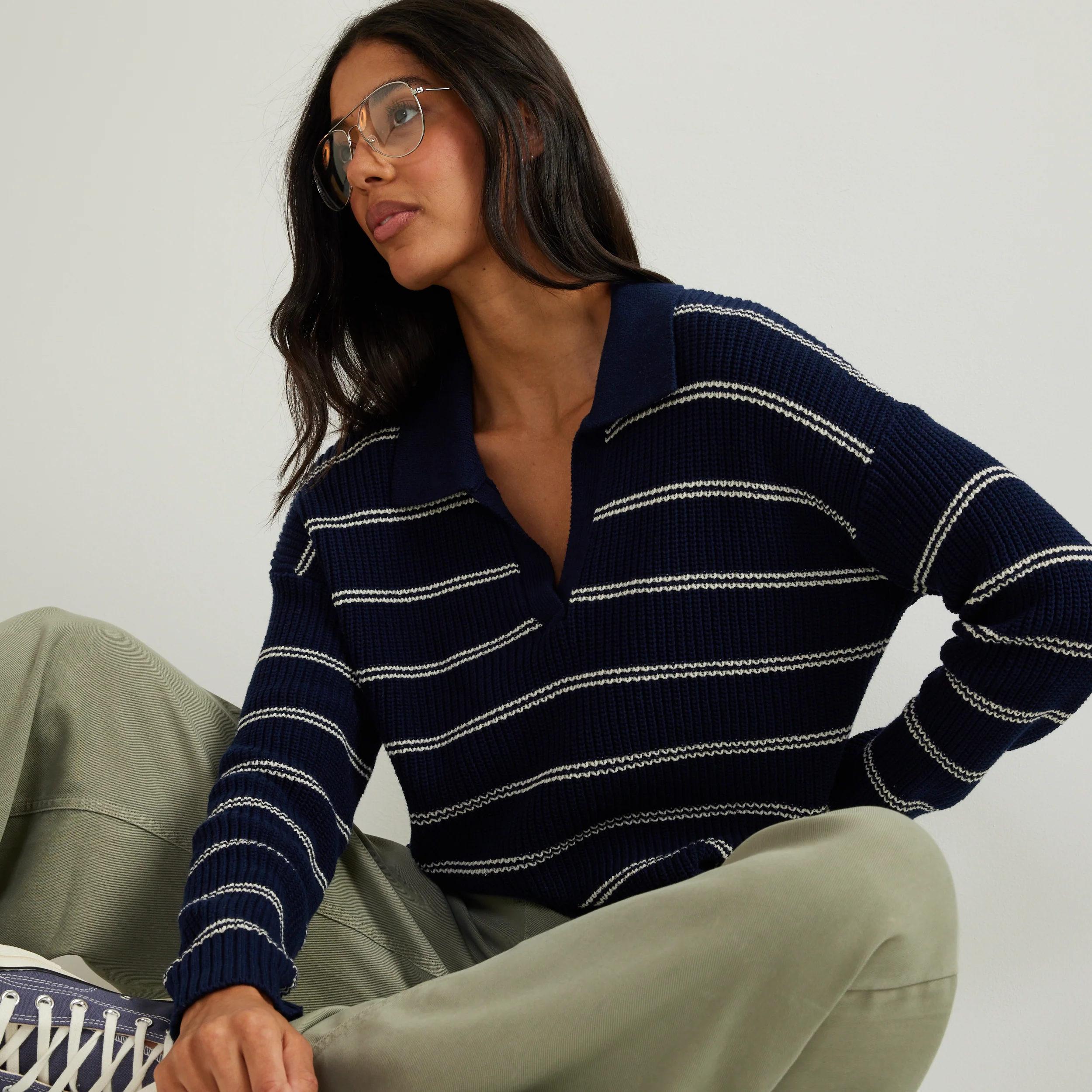 Women's Johnny Collar Striped Sweater - Image 6